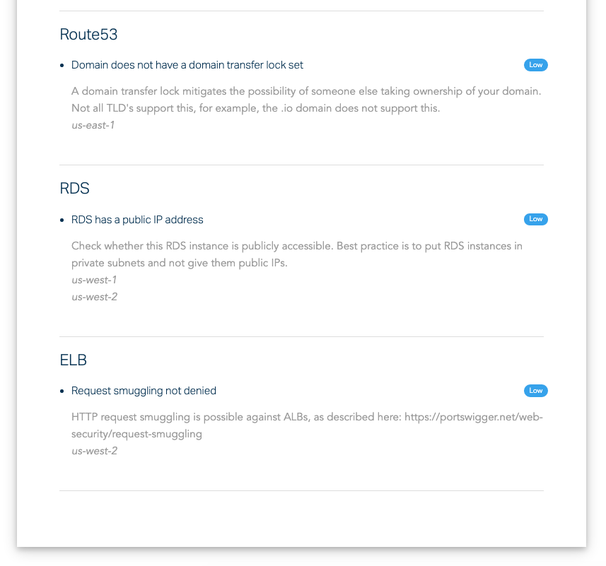 AWS Compliance Reporting Low Level Best Practice Findings