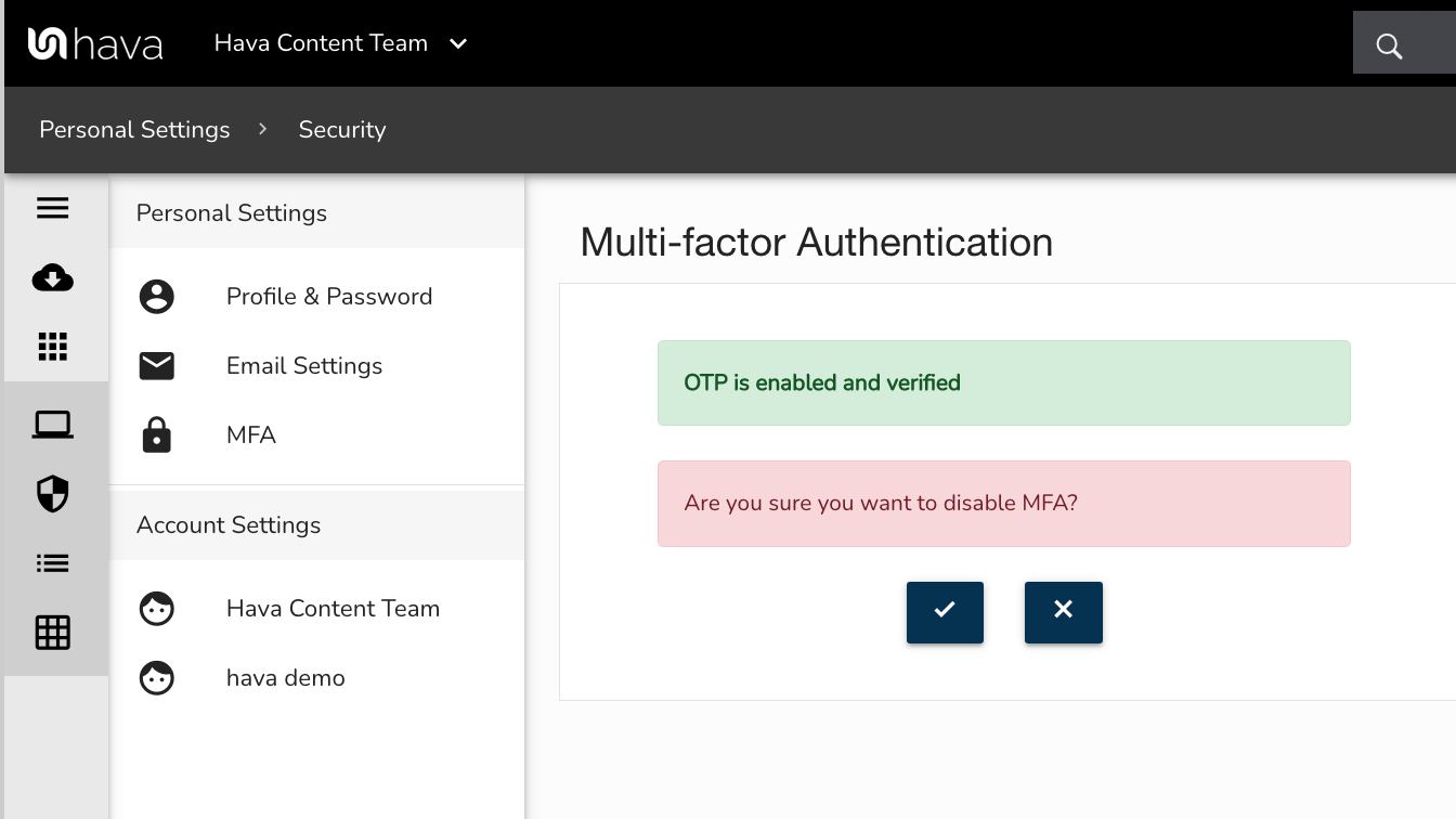 Hava supports Multi Factor Authentication MFA
