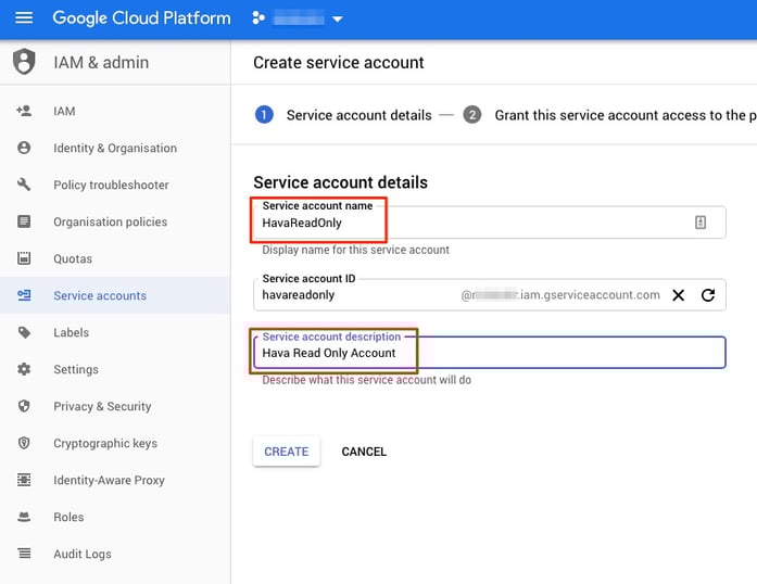 Create GCP Service Account for Hava