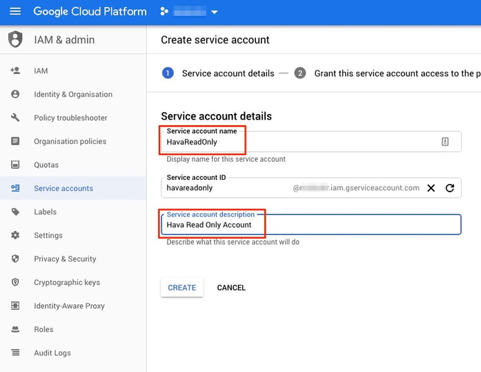 Create GCP Service Account for Hava